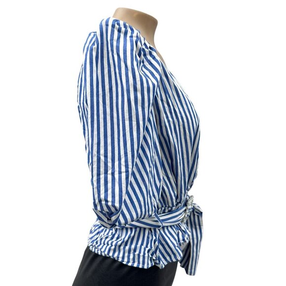 Zara Puff Sleeve Striped Wrap Blouse Rhinestone Belted Waist Blue White Women S - Picture 4 of 12